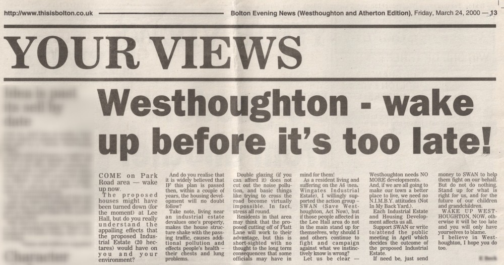 Bolton News Letter 24th March 2000: 'Westhoughton Wake Up Before It's Too Late'