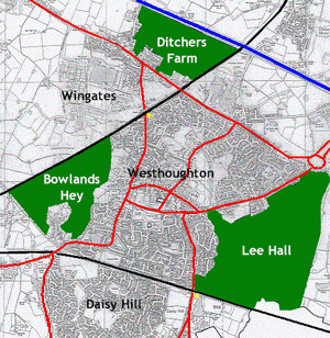 Westhoughton area map showing key protected open land green field areas